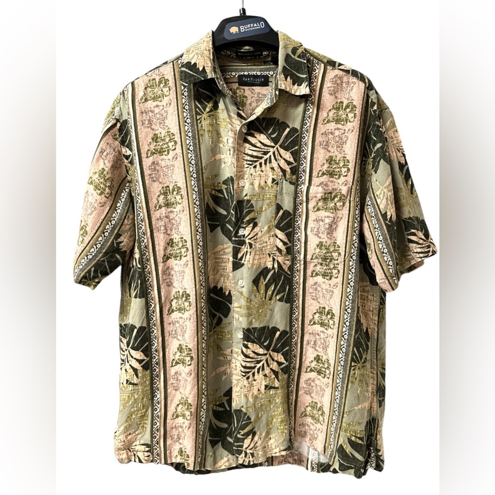 VAN HEUSEN - Men Shirt KHAKI FLORAL - SIZE Med 15-15-1/2 WASHABLE LINEN (4010)